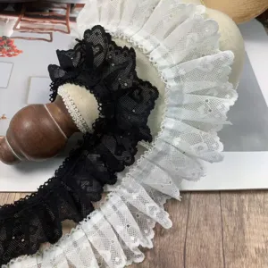 5cm wide black white pleated lace trim heart ruffle fabric for DIY sewing apparel accessory.