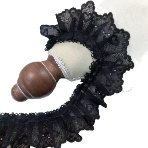 Black pleated lace trim 5cm wide heart ruffle fabric for DIY sewing apparel and cushions.