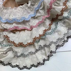 Close-up detail of 5.5cm ruffled cotton lace trim with colorful embroidered butterfly edge.