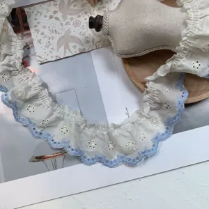 5.5cm wide blue edged embroidered pleated cotton lace trim for lolita dresses craft DIY.
