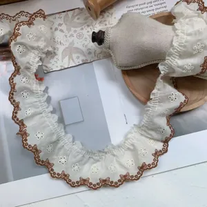 5.5cm wide pleated lace trim with brown butterfly embroidery, perfect for Lolita crafts.