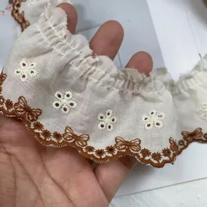 5.5cm Wide Cotton Ruffled Lace Trim with Brown Butterfly Embroidery for Lolita Craft DIY