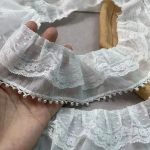 7cm double layer white chiffon pearl lace trim for DIY wedding dress collar cuffs decor