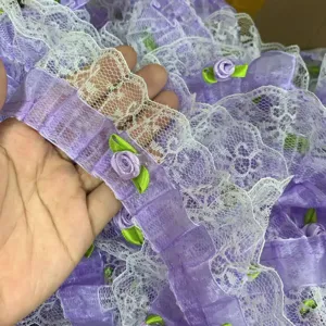 Ruban de dentelle organza double couche 5cm avec fleurs roses 3d pour décoration diy lolita