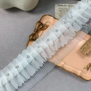 8cm wide white tulle pleated lace trim with faux pearls, perfect for sewing, garment edges, and crafts.