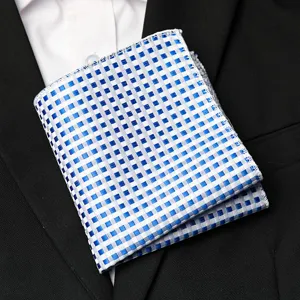 Blue checkered pocket square, detailed view of men suit formal accessory handkerchief.