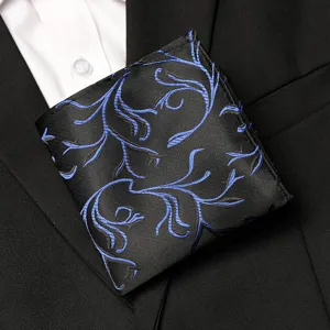 Men's black pocket square featuring elegant blue floral embroidery design for formal suits.