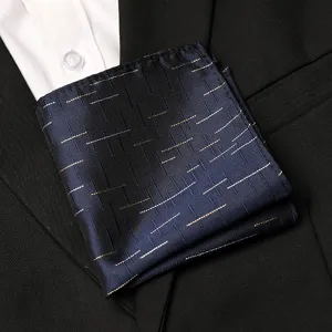 Detailed view of dark blue mens pocket square featuring elegant gold and silver dash patterns.