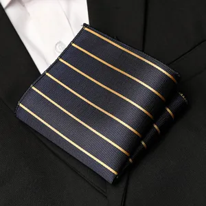 Men's blue and gold striped pocket square, elegant suit handkerchief for formal tuxedo wear.