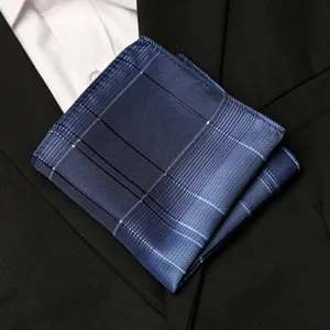 Blue plaid pocket square detail shot, elegant men suit accessory, formal pocket handkerchief.