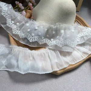 White double-layer mesh embroidered lace trim for clothing, toys, and DIY craft decoration.