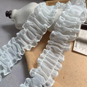 White pleated organza lace trim, 4.5cm wide ruffled chiffon fabric for DIY doll clothes sewing.