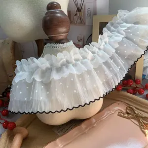 10cm wide double layer polka dot lace ruffle trim, white mesh DIY doll clothes sewing.