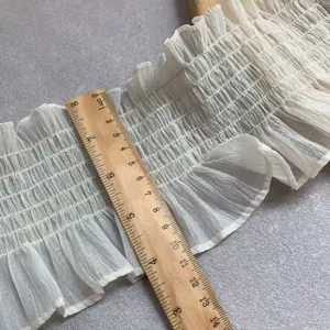 11cm wide elastic beige chiffon ruffle lace trim, pleated fabric for diy garment sewing.