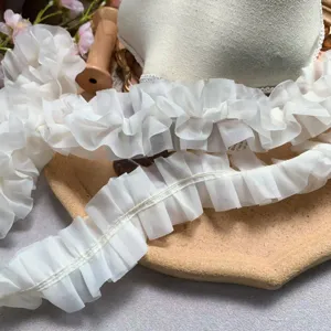 5cm off-white chiffon pleated lace trim for DIY clothing accessories crafts sewing decor.
