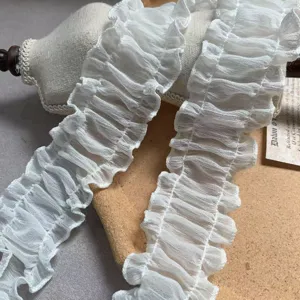 White pleated chiffon lace trim 4.5cm wide, perfect for Lolita doll dress DIY crafts sewing.