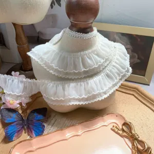 Detailed close-up of white double layer chiffon lace ruffle trim, perfect for DIY sewing decor.