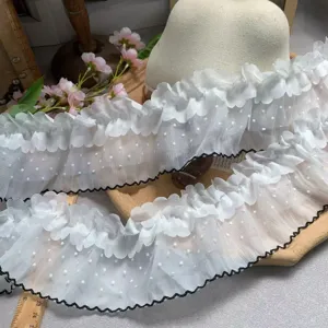 10cm white double-layer polka dot lace trim with black scalloped edge for DIY crafts.