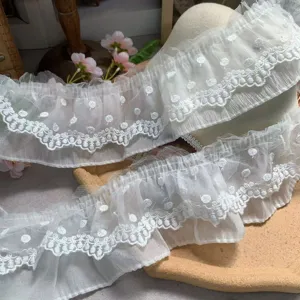 8cm wide white double layer mesh lace trim pleated ruffle fabric diy sewing craft decor
