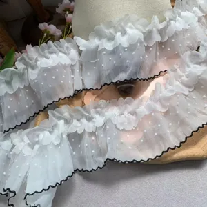 10cm wide double layer ruffled polka dot lace trim for DIY doll dress sewing craft project