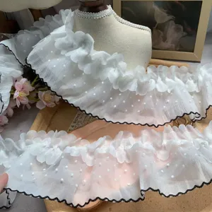 10cm wide double layer polka dot lace trim ruffle for diy doll clothes skirt hemming