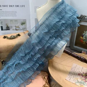 Blue 5-layer ruffled mesh lace trim detail for doll clothes, dress and curtain decoration.