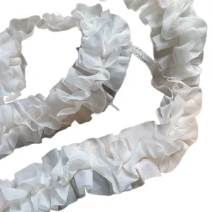 White chiffon ruffled lace trim 5cm wide for DIY clothing accessories and crafts sewing.