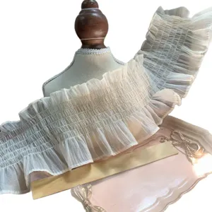 11cm elastic beige chiffon ruffle trim for DIY dress sewing decorative craft supplies