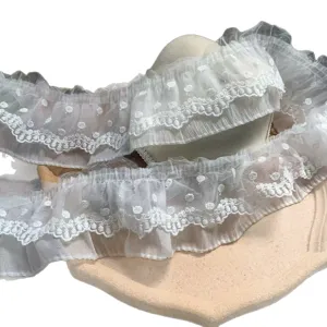 8cm white double layer mesh embroidered lace trim for clothing, sofa and DIY craft decor.
