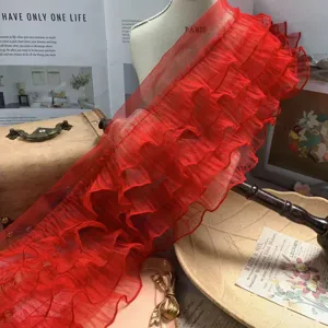 15cm 5-Layer Ruffled Mesh Lace Trim Red Fabric for Princess Dress Curtain Doll Clothes