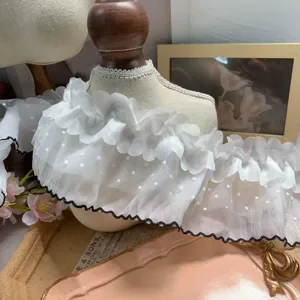White double layer polka dot lace trim 10cm wide ruffles fabric for DIY doll clothes decoration