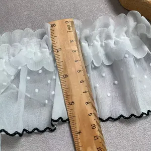Details of 10cm wide double layer polka dot lace trim with black edge for DIY crafts.
