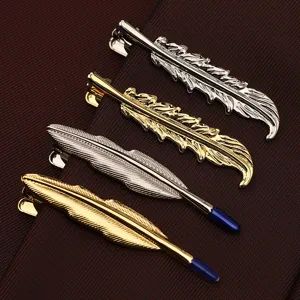 Ferma Cravatta Uomo Lusso in Rame Oro Argento Strass Forma di Piuma Spada Aereo Accessori per Abito da Business Con Scatola Regalo