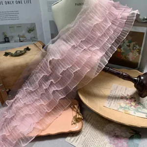 Pink 5-layer ruffle lace trim, 15cm wide mesh fabric for doll clothes, skirts and curtain decor.