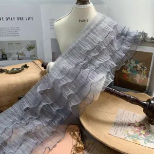 15cm wide 5-layer pleated tulle lace trim detail, grey ruffled fabric for doll dress and sewing.
