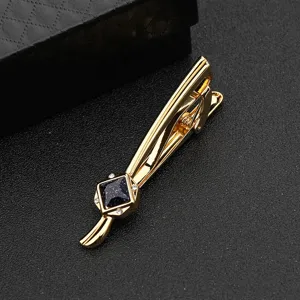 Herren goldfarbene Krawattenklammer mit dunkelblauem Sandstein und Strass Detail
