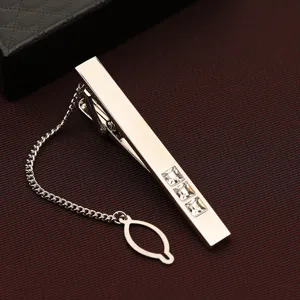 Pince à cravate en métal argenté pour homme avec strass et chaîne pour costumes formels