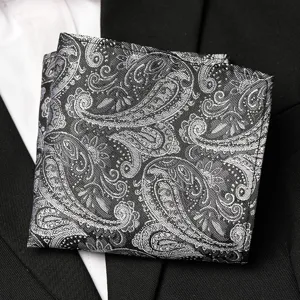 Classic black and silver paisley pocket square for men, stylish suit handkerchief.