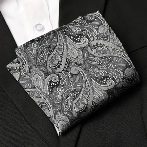 Classic black and white paisley pocket square detail, elegant polyester men handkerchief.