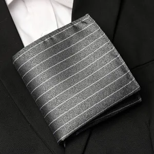 Men's polyester pinstripe pocket square for business suit, elegant grey handkerchief detail.