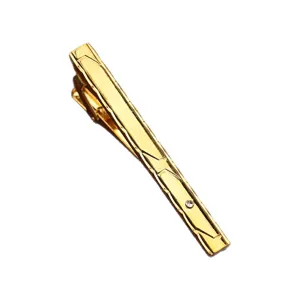 Gold metal tie clip for men business suit with geometric engraved pattern and crystal detail.