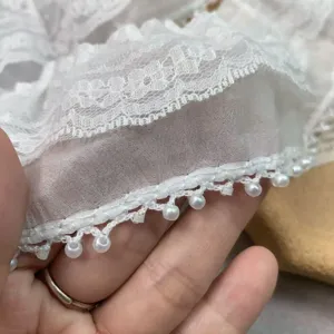 White chiffon lace trim with pearl tassels, double layer 7cm wide for DIY sewing apparel.