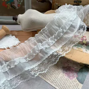 9cm white sheer organza ruffle lace trim for DIY lolita clothing pillow sewing and craft decoration.