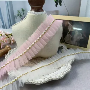 5cm Breit Geraffte Netzspitze Mit Goldener Kordelkante Für DIY Bekleidung Kragen Saum Kunsthandwerk Dekoration