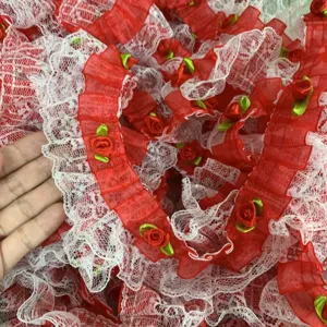 Ruban dentelle rouge blanc 5cm fleurs garniture couture DIY poupée Lolita robe décoration