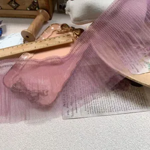 Detail view of 12cm wide double layer pleated mesh lace trim, elegant purple fabric texture.