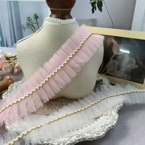 5cm plissierte Tüllspitze Borte rosa weiß gerüscht Band für Kleidung Kragen DIY Handwerk 1