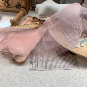 Pink double-layer gathered pleated tulle lace trim, 12cm wide for DIY sewing and apparel decor.