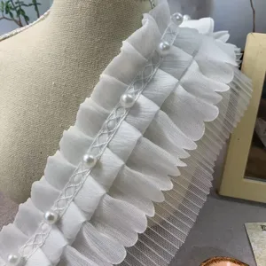 White pleated chiffon lace trim with faux pearls, 8cm wide for sewing craft and decor.
