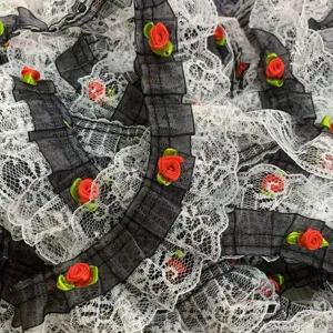 Gros plan sur une bordure en dentelle transparente de 5 cm avec roses rouges 3D.